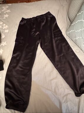 Black Satin Cargo jogger  Pants